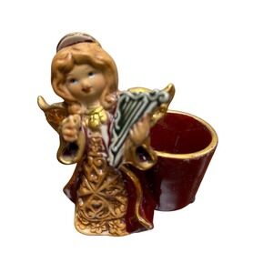 Vintage Ceramic Angel Figurine Candle Holder Musical Harp Cherub Table Decor